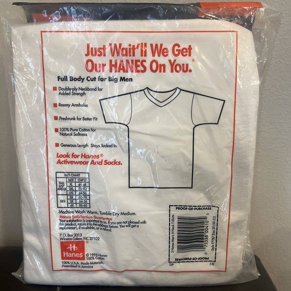 Vintage Men's Hanes V-Neck T Shirt 3 Pack New Big Man Size‎ 2X (50-52) Preshrunk - Picture 5 of 6